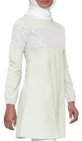 Leena Long Lace Accent Fine Cotton Tunic - Ice Green - FINAL SALE