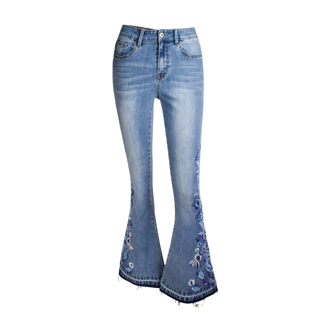 Light Blue Flared Embroidery Detail Women Denim Jeans