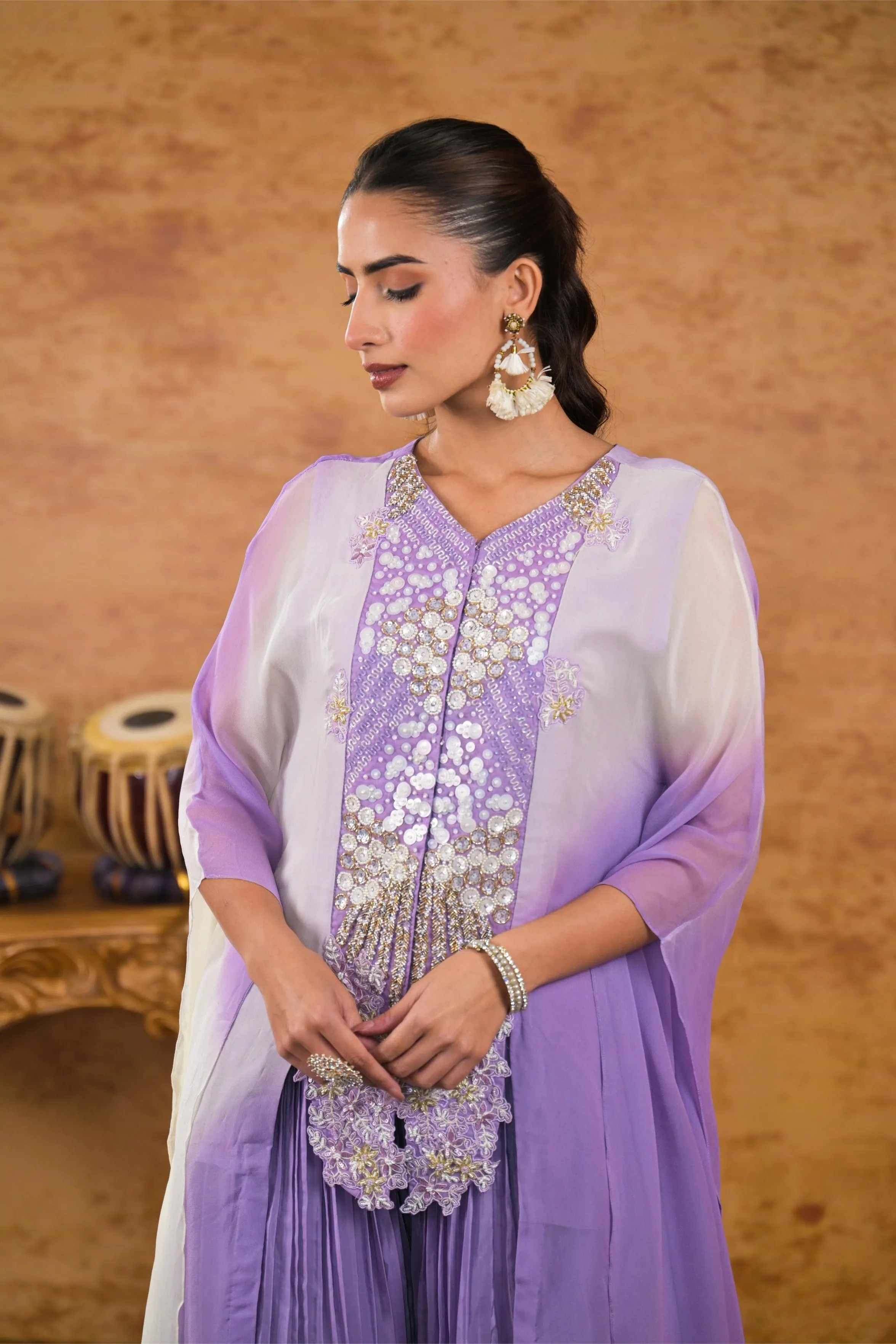 Lilac Ombre-Dyed Georgette Silk Tunic & Palazzo Set