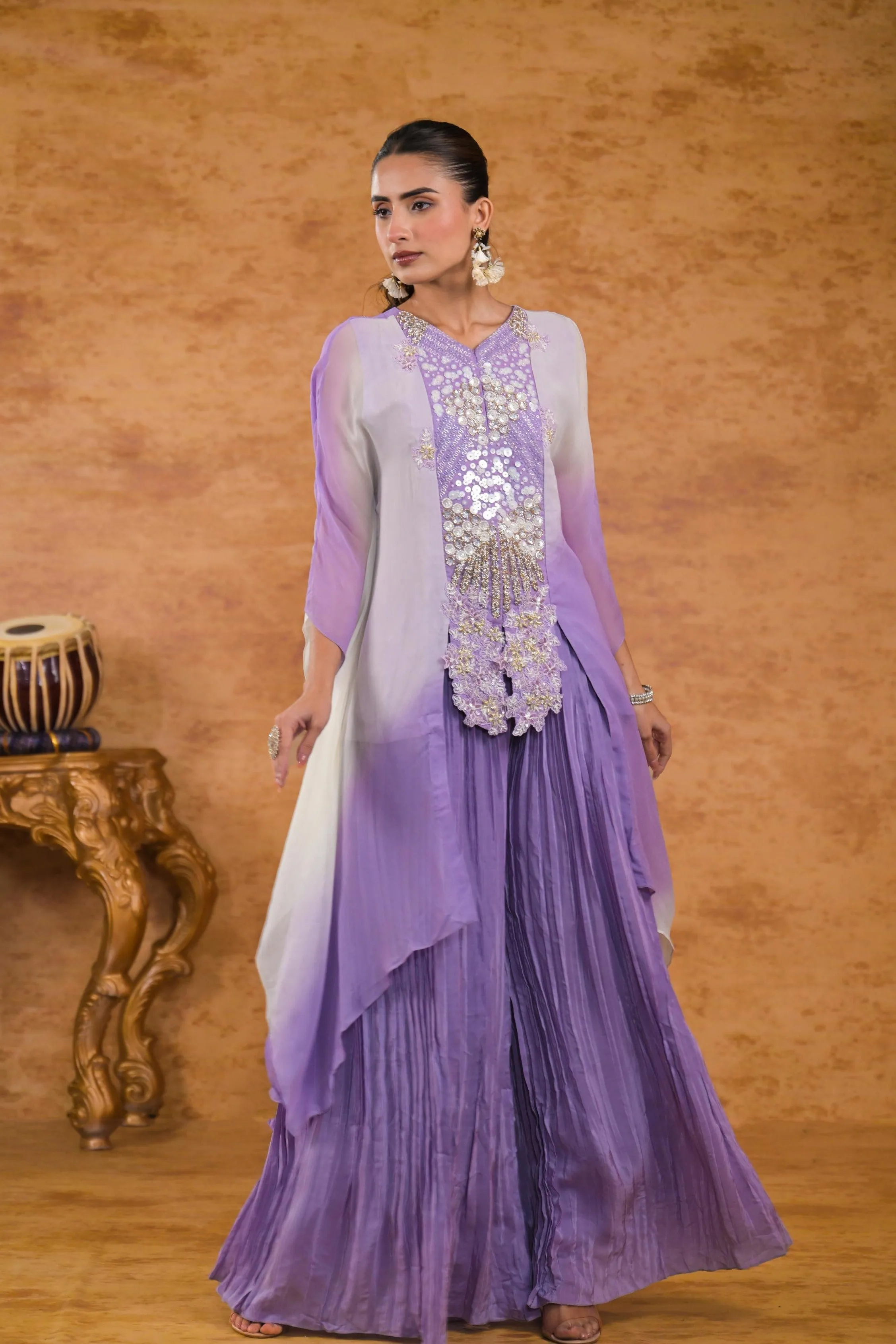 Lilac Ombre-Dyed Georgette Silk Tunic & Palazzo Set