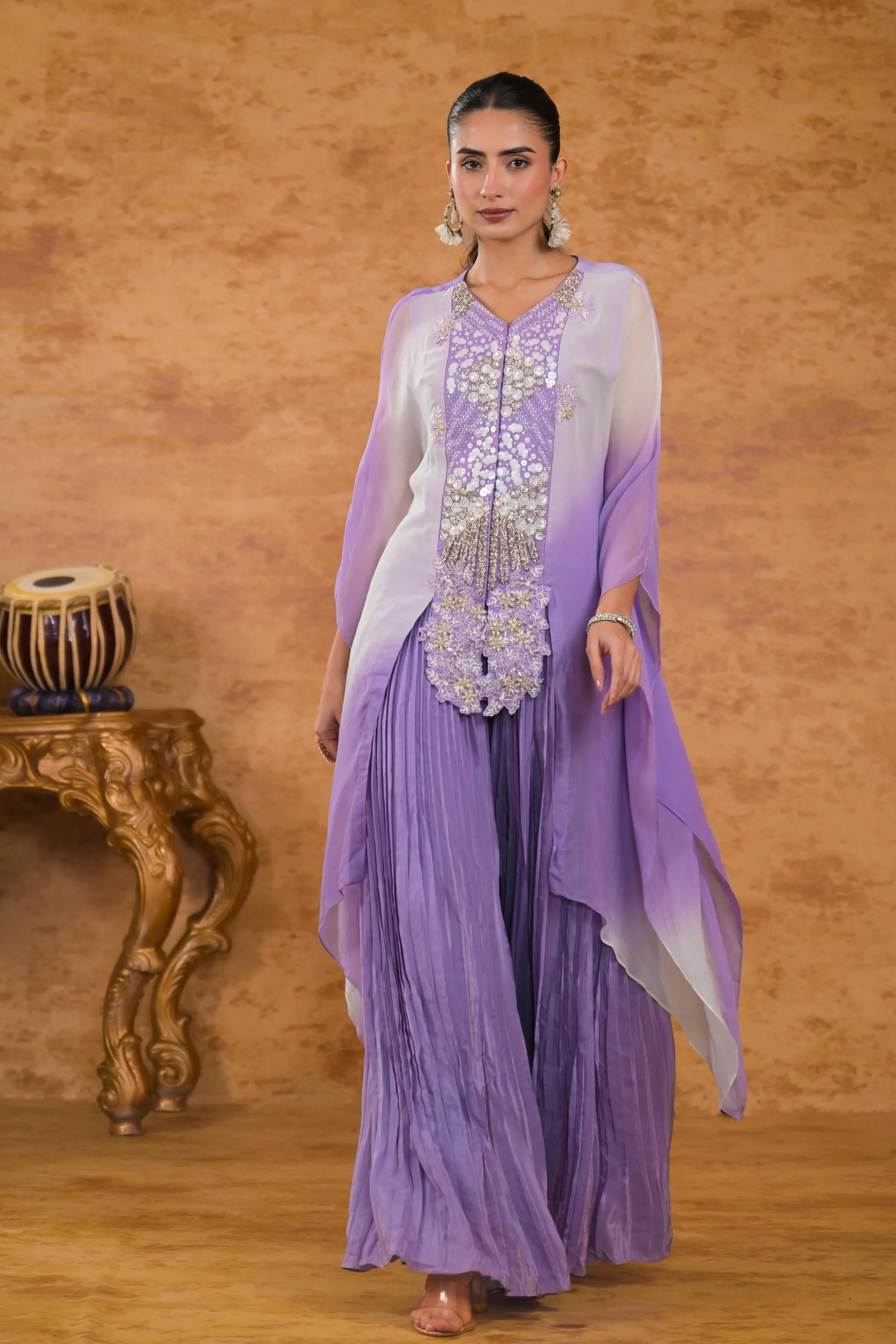 Lilac Ombre-Dyed Georgette Silk Tunic & Palazzo Set