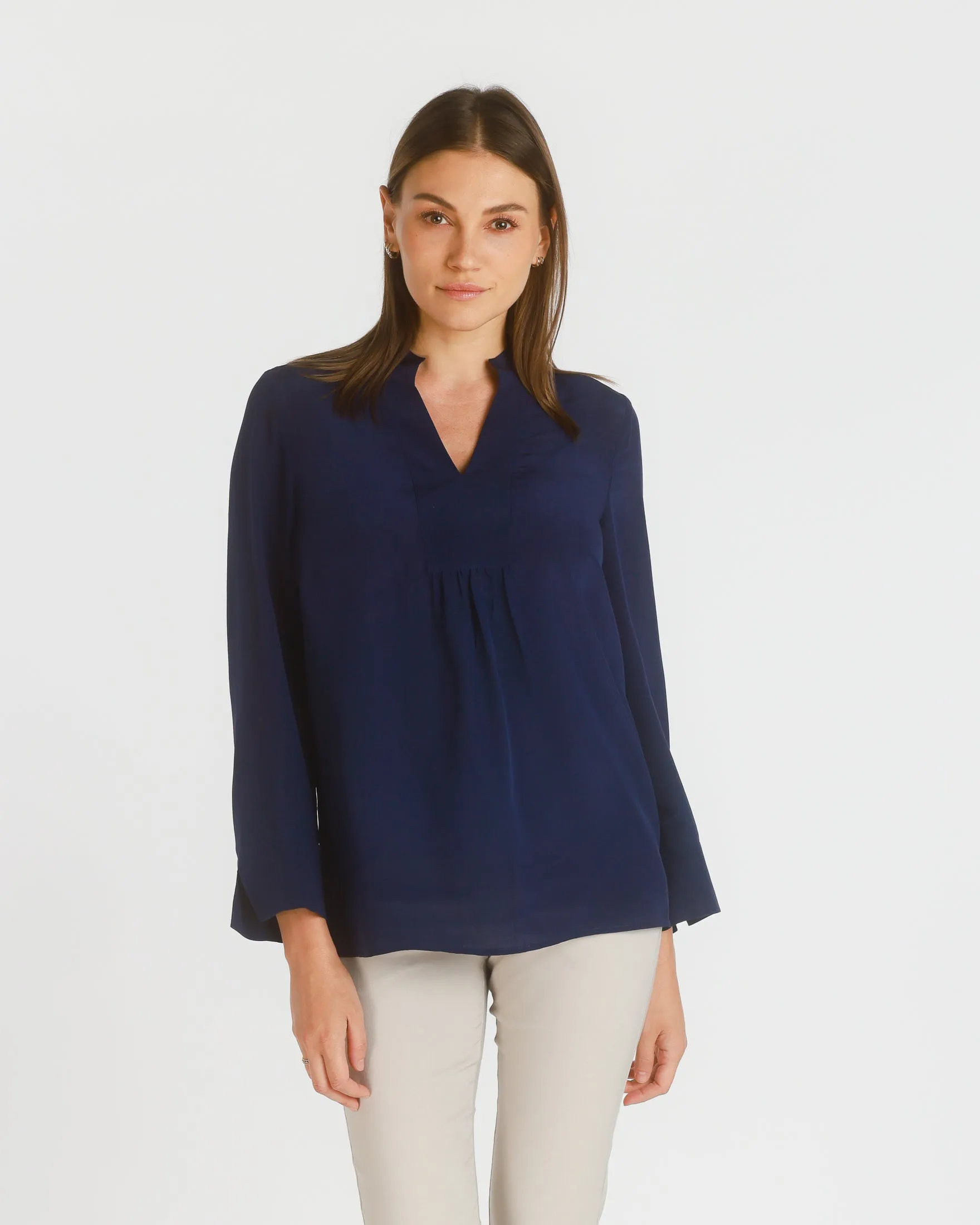 Long Sleeve Stretch Silk Popover Tunic, Dark Navy