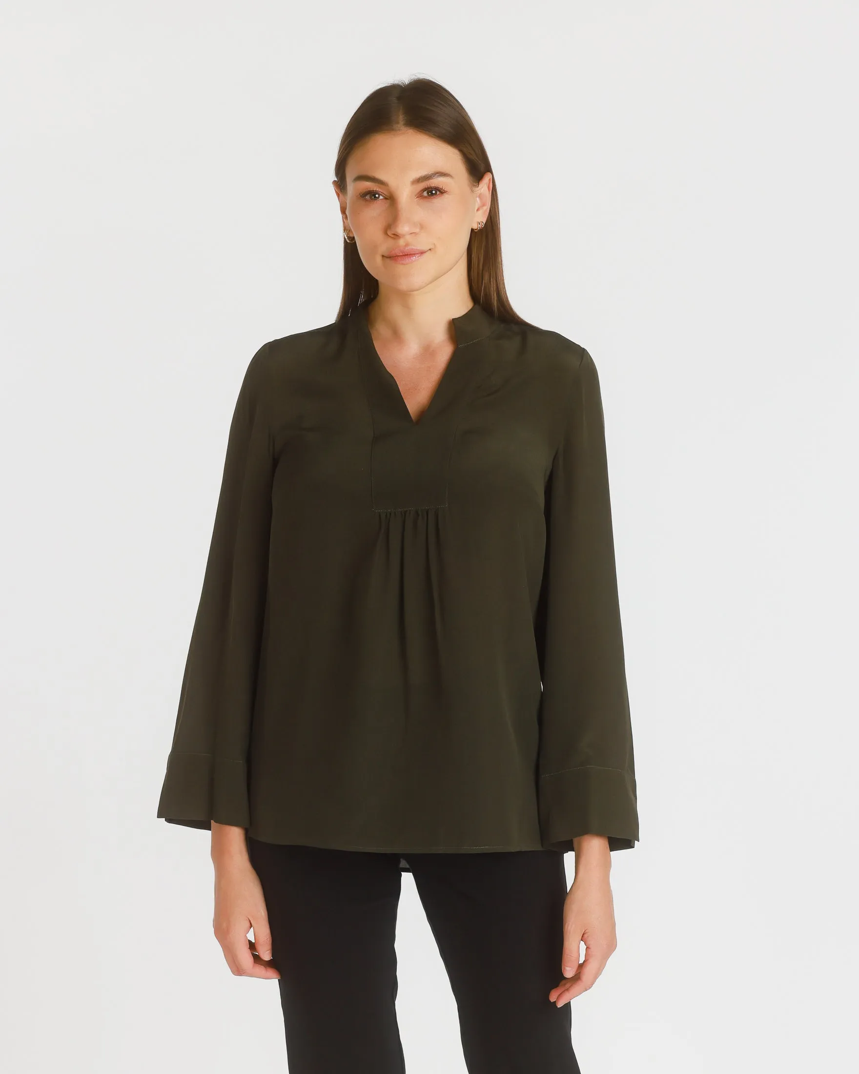 Long Sleeve Stretch Silk Popover Tunic, Dark Olive