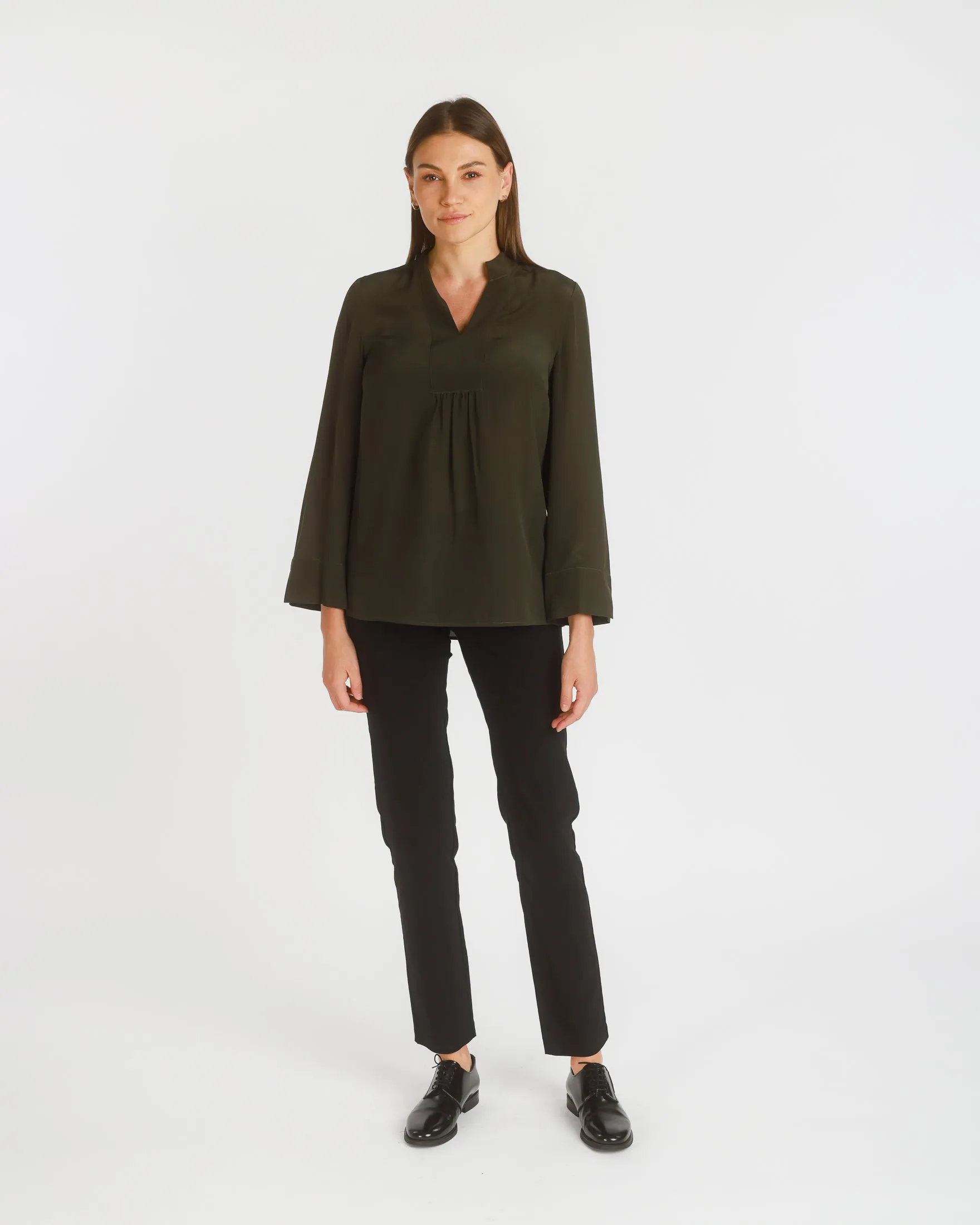 Long Sleeve Stretch Silk Popover Tunic, Dark Olive