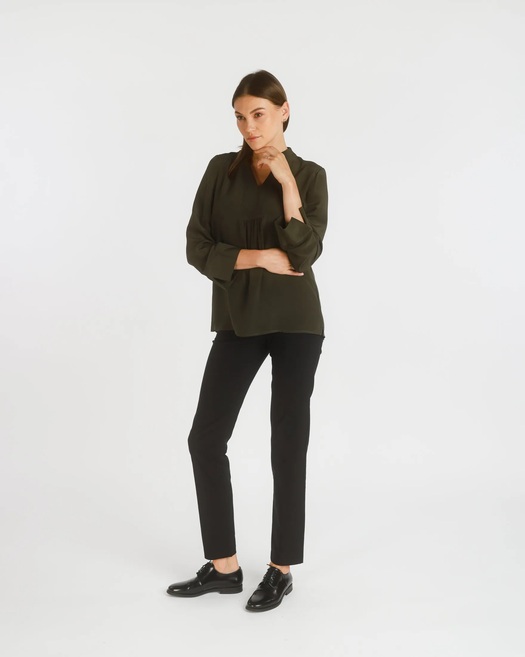 Long Sleeve Stretch Silk Popover Tunic, Dark Olive