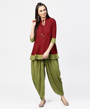 Maroon 3/4Th Sleeve Rayon Tunic With Printed Border