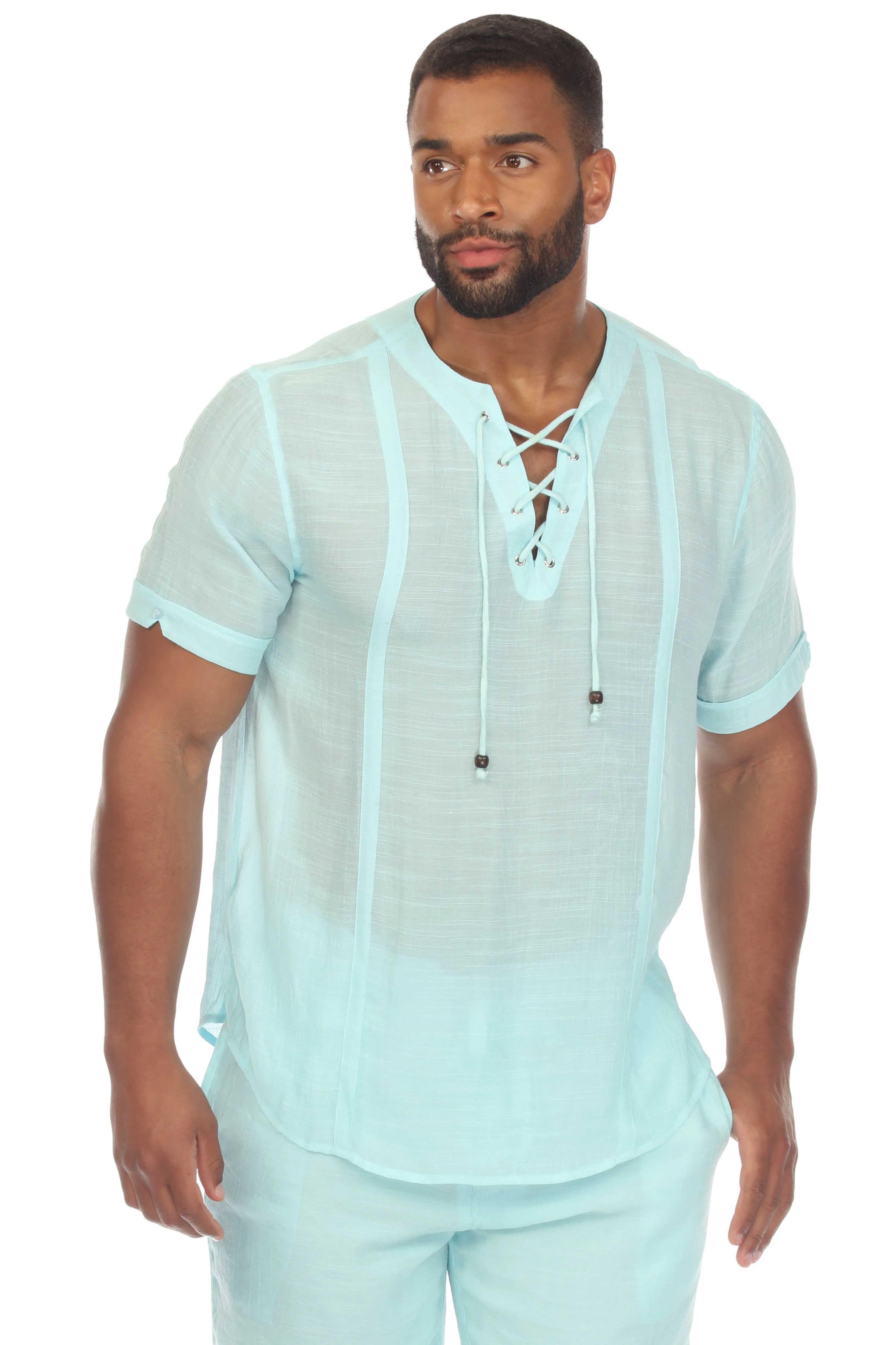 Men's Beachwear Henley Lace Up Shirt Short Sleeve