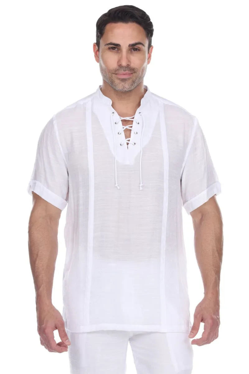 Men's Beachwear Henley Lace Up Shirt Short Sleeve