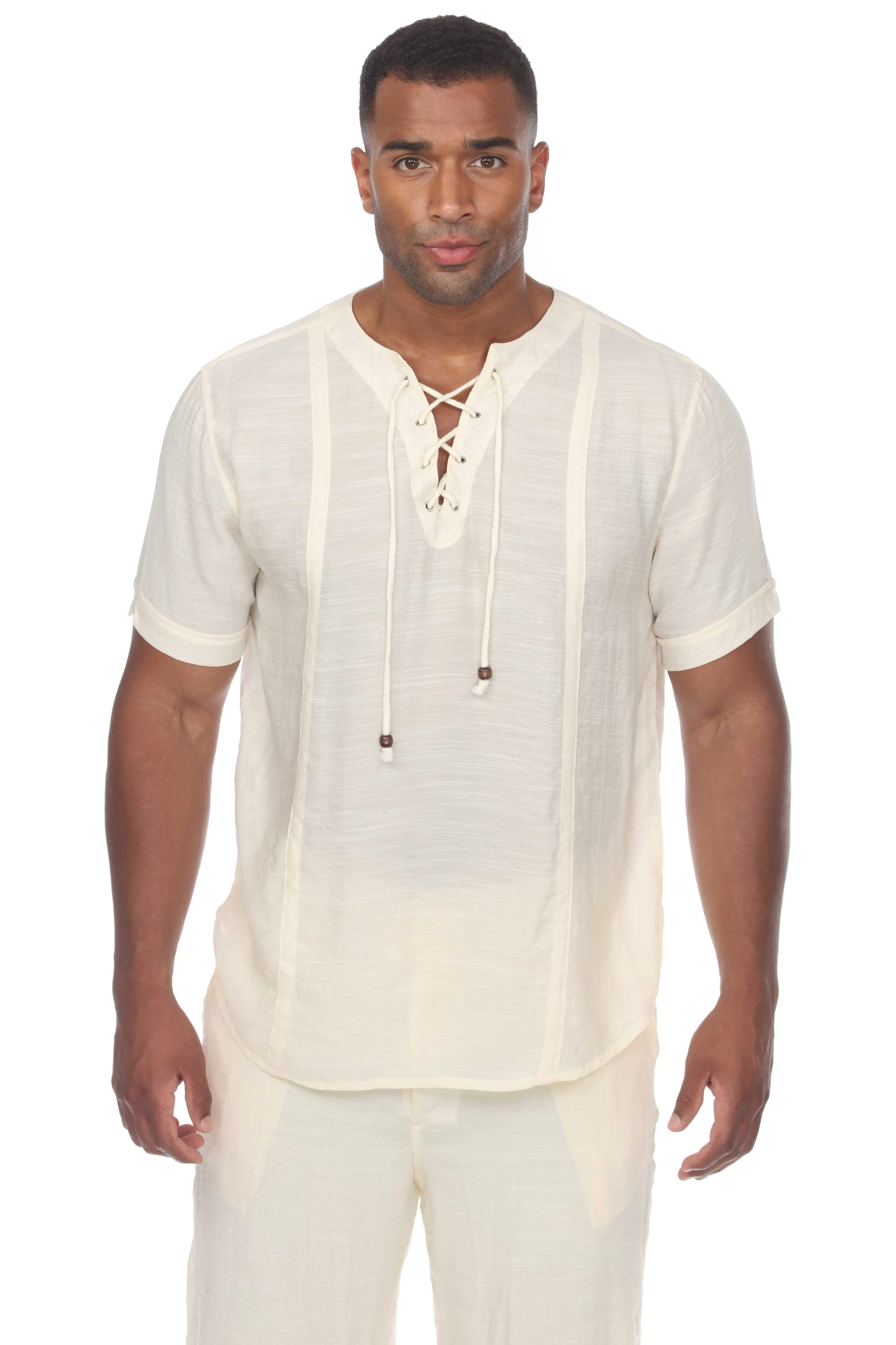 Men's Beachwear Henley Lace Up Shirt Short Sleeve