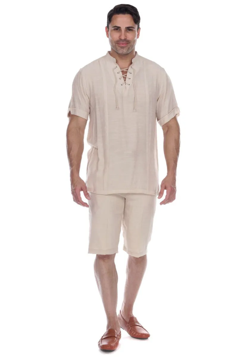 Men's Beachwear Henley Lace Up Shirt Short Sleeve