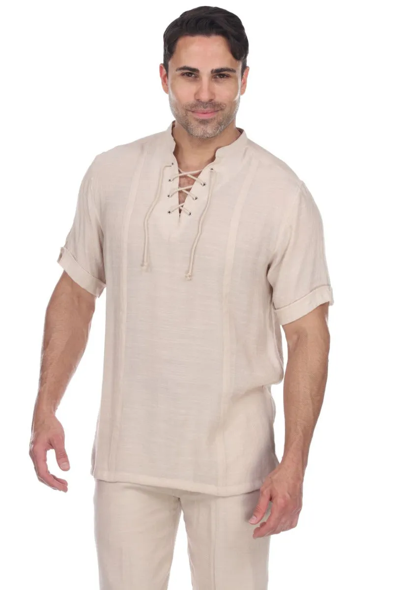 Men's Beachwear Henley Lace Up Shirt Short Sleeve