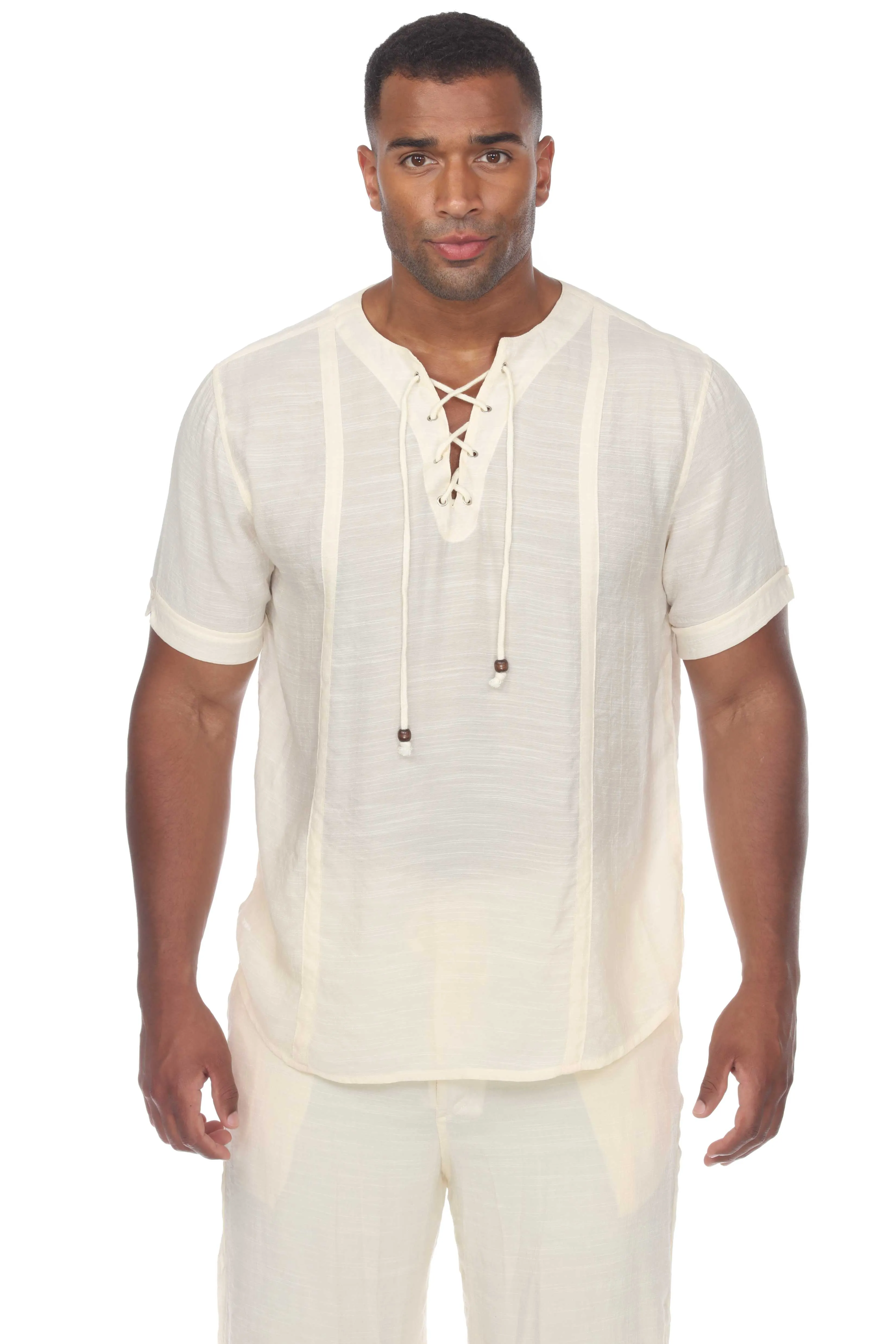 Men's Beachwear Henley Lace Up Shirt Short Sleeve