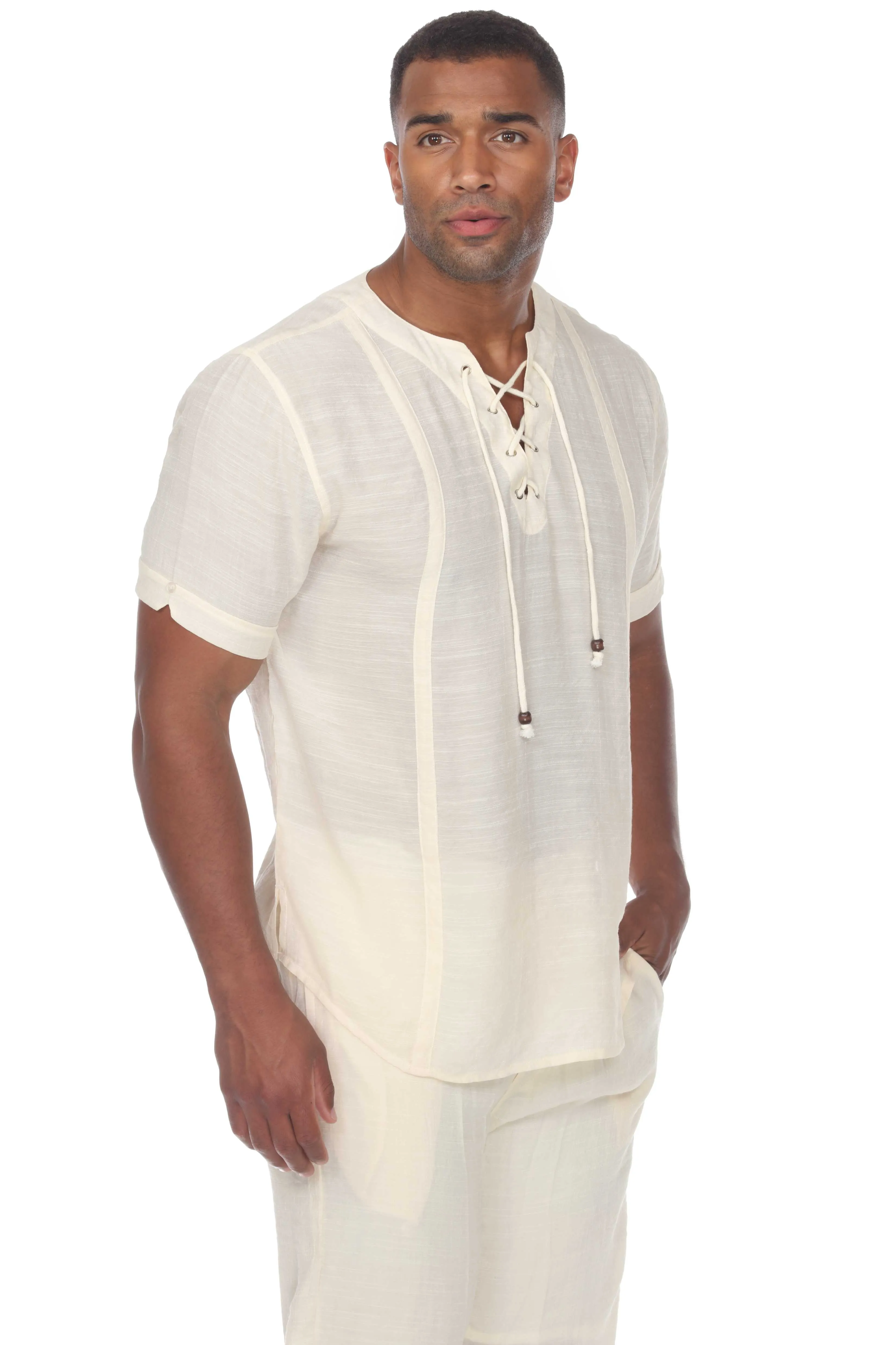 Men's Beachwear Henley Lace Up Shirt Short Sleeve