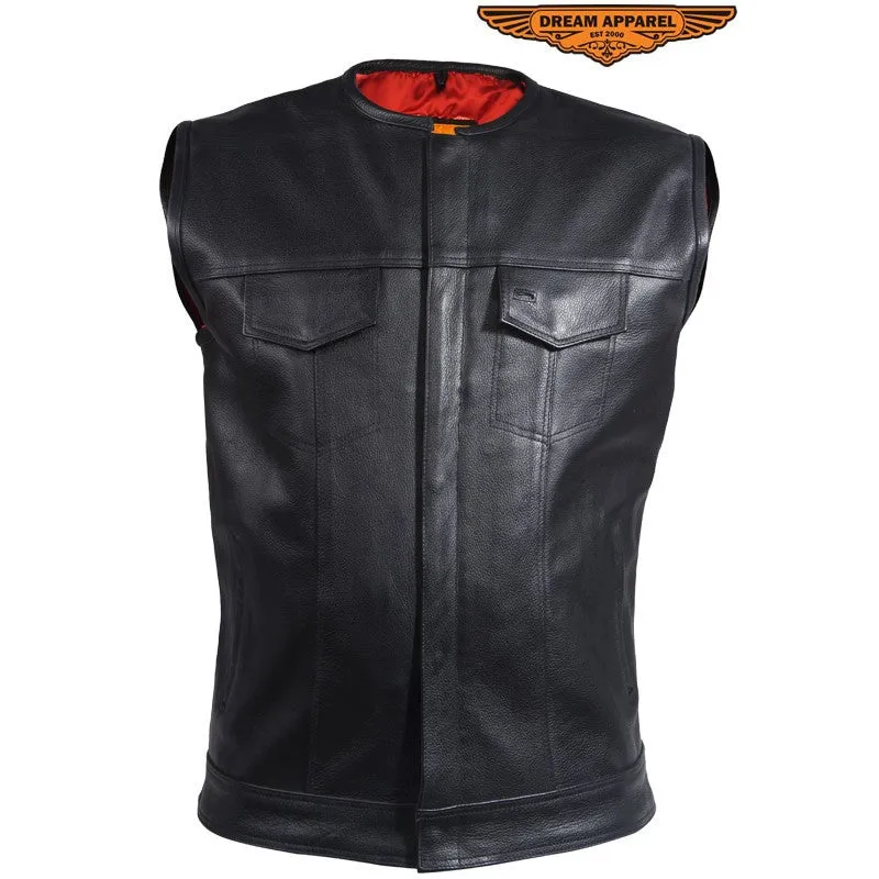 Mens No Collar Leather Motorcycle Club Vest With Red Liner MV8002-11