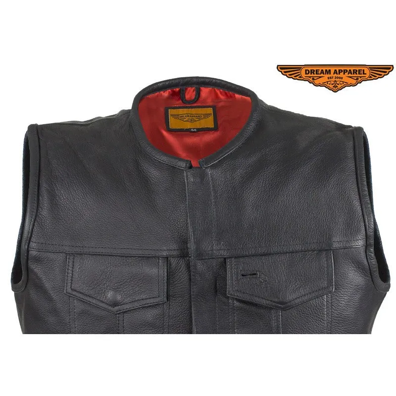 Mens No Collar Leather Motorcycle Club Vest With Red Liner MV8002-11