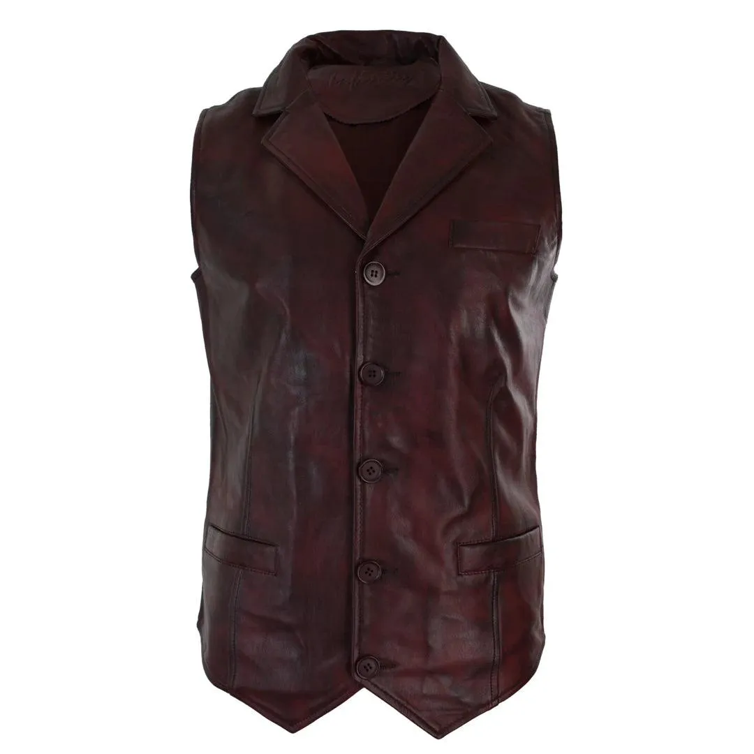 Mens Real Leather Tan Brown Black Burgundy Smart Casual Gilet Waistcoat Vintage Retro