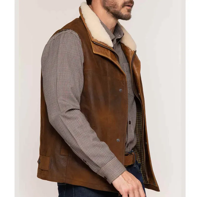 Mens Winter Brown Leather Warm Vest Removable Shearling Collar