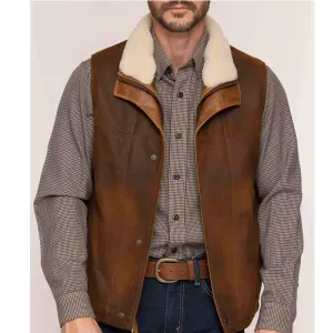 Mens Winter Brown Leather Warm Vest Removable Shearling Collar