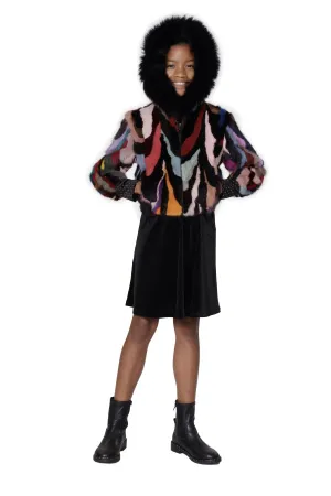 Multicolor Mink Children's Parka with Black Fox