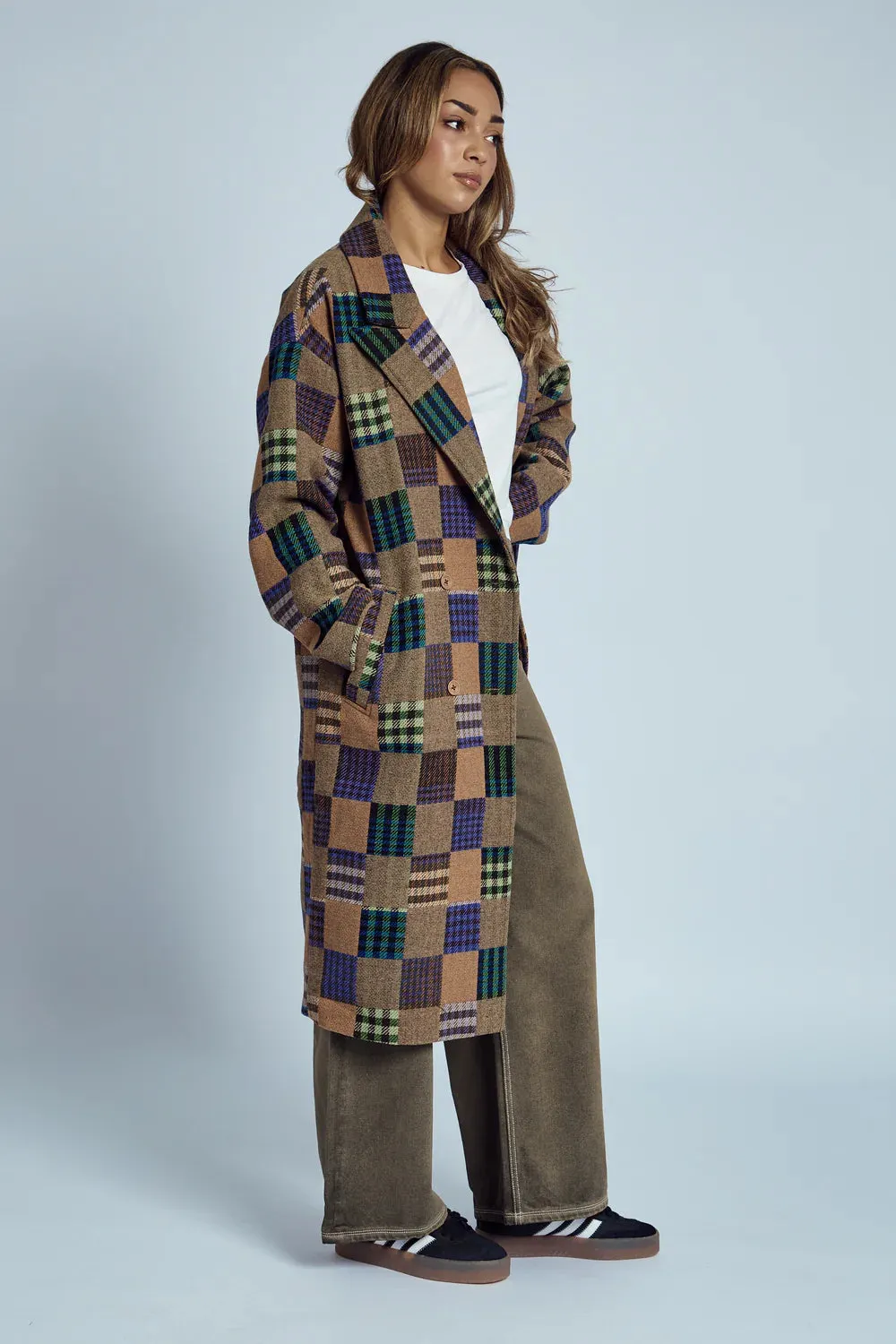 Native Youth - Longline Patchwork Patterned Wool Coat