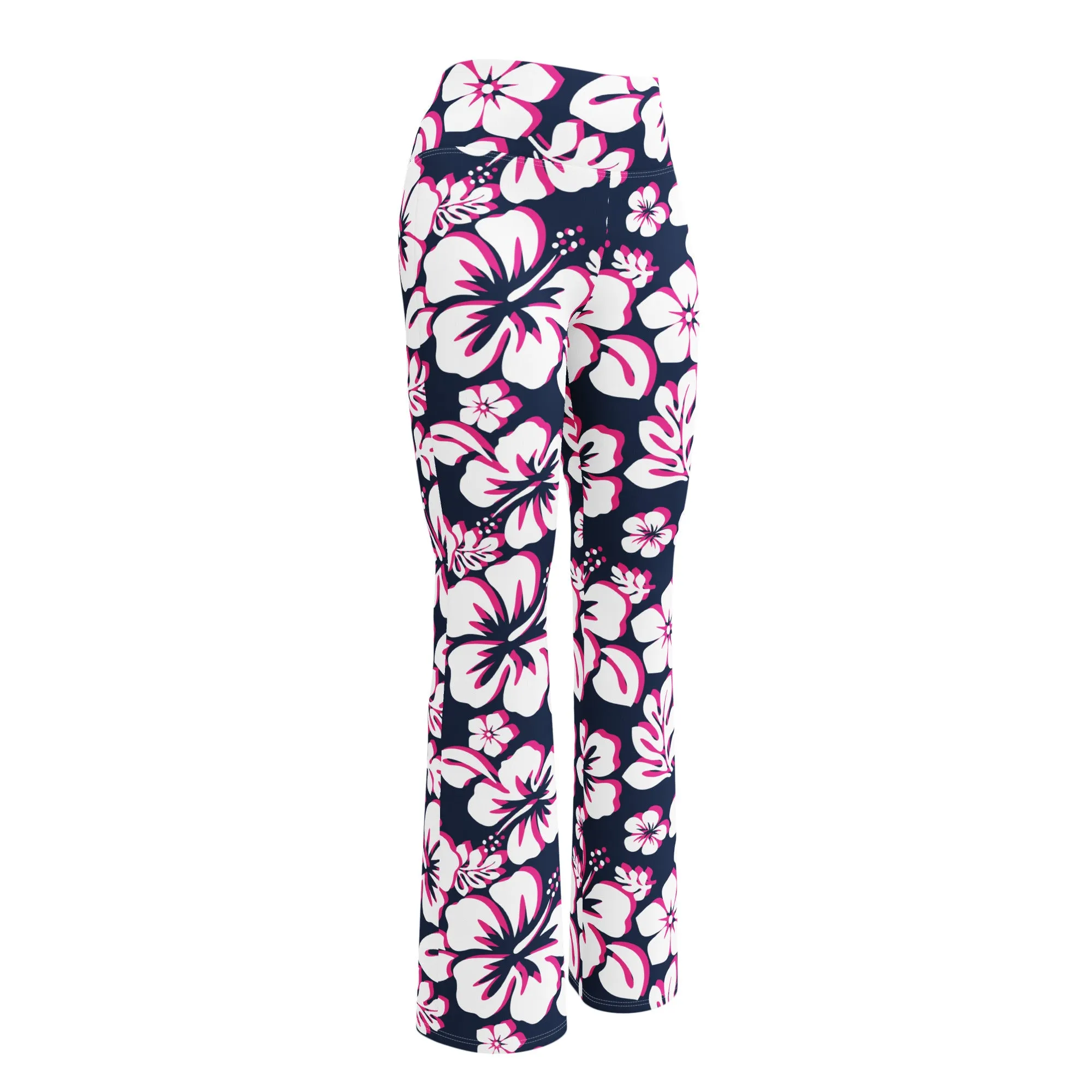 Navy Blue, Hot Pink and White Hawaiian Flowers Flare Leggings