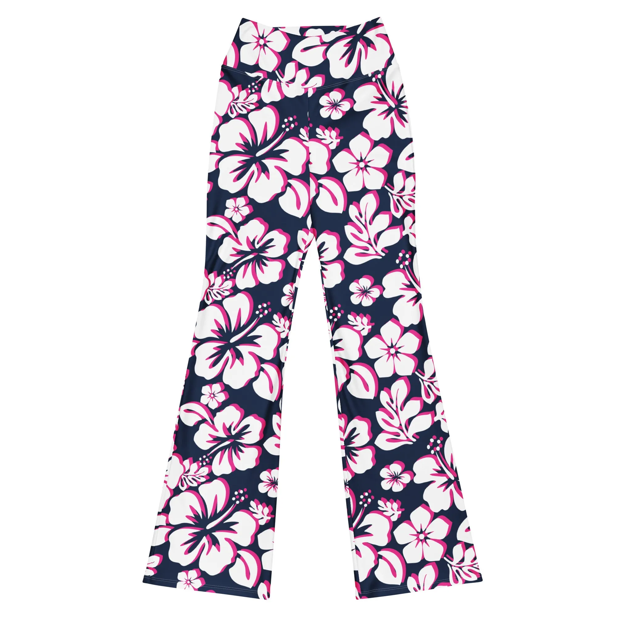 Navy Blue, Hot Pink and White Hawaiian Flowers Flare Leggings