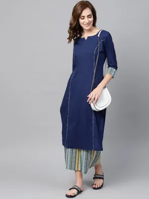 Navy Blue Kurta Set With Cream Multi Colored Culottes