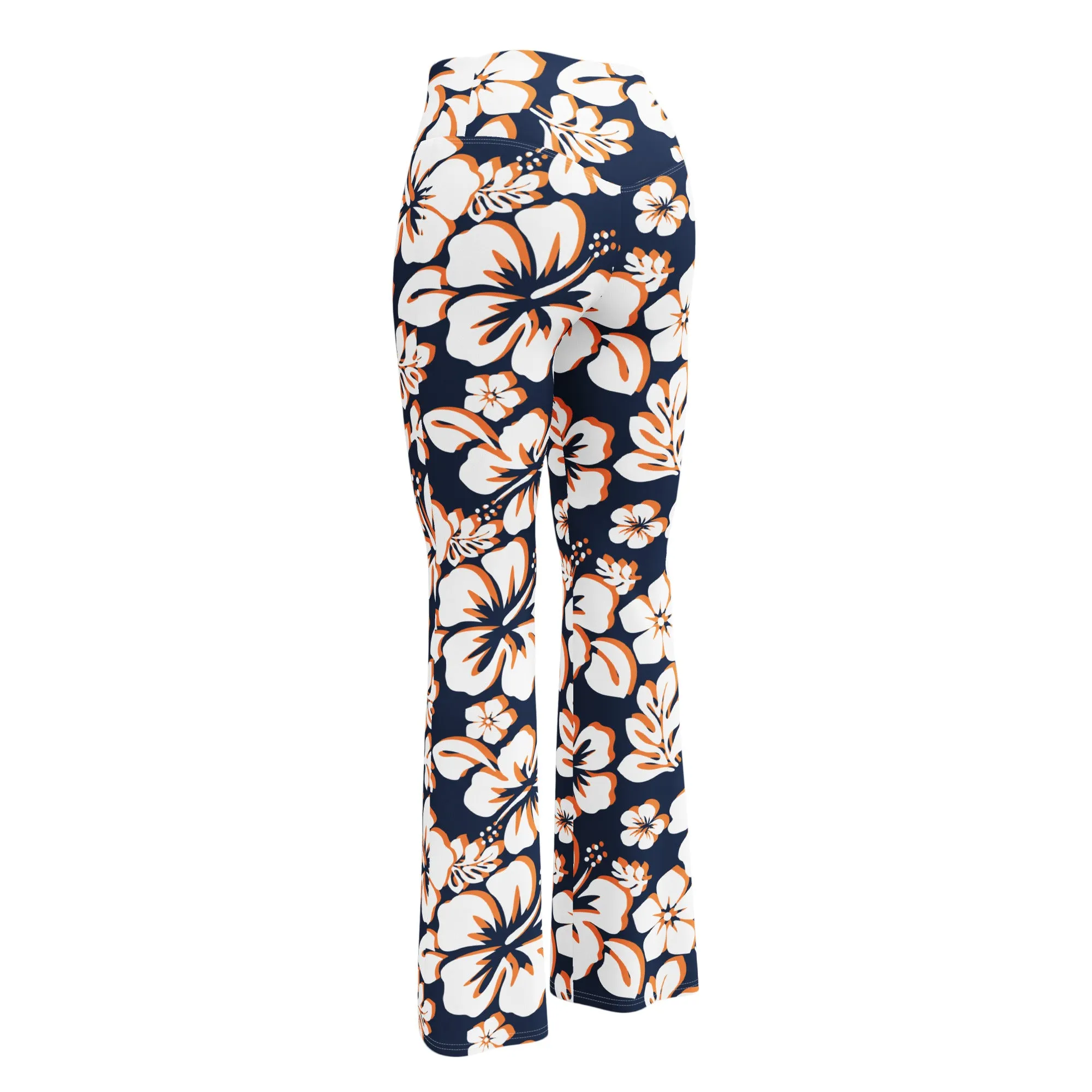 Navy Blue, Orange and White Hawaiian Flowers Flare Leggings