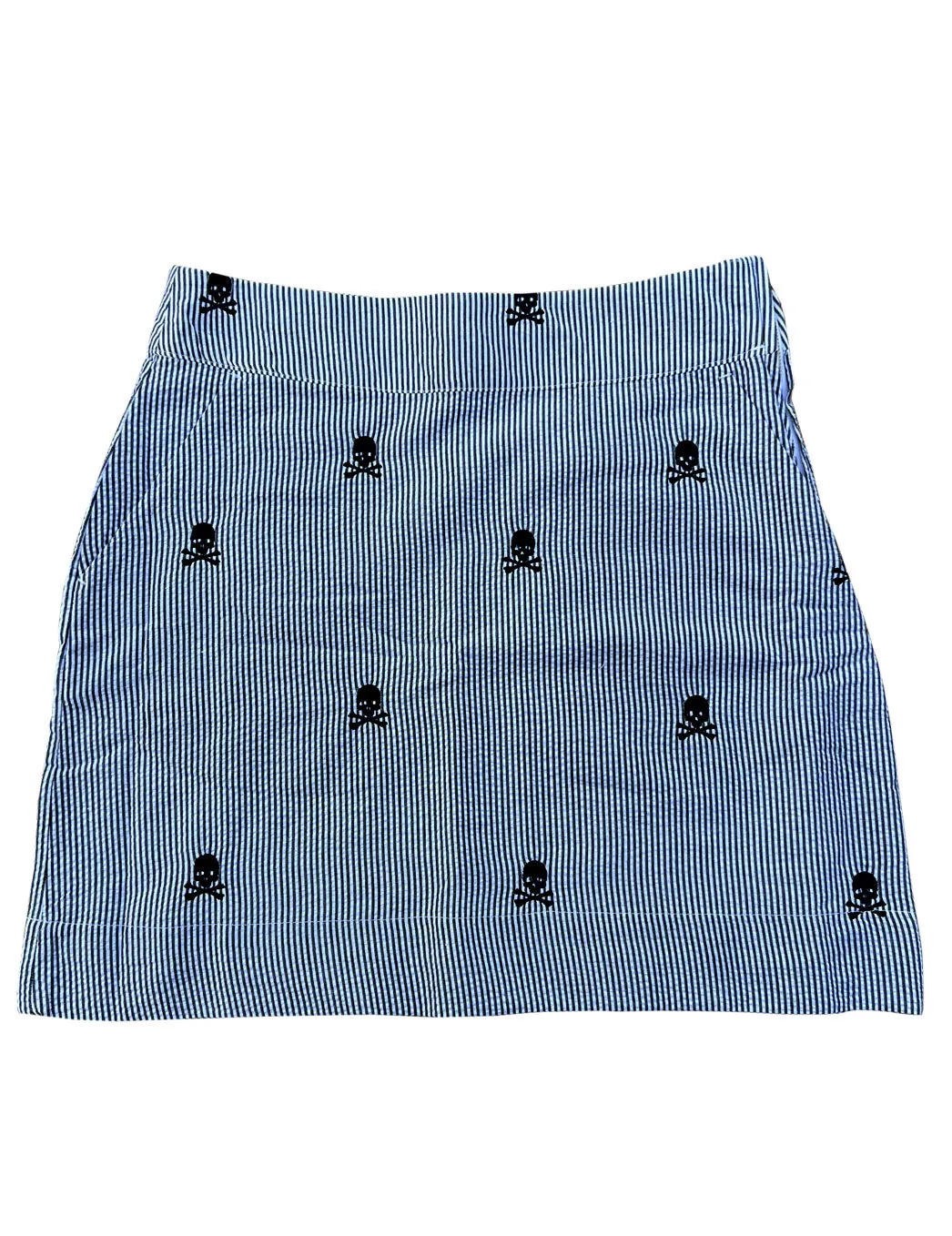 Navy Seersucker Women's Skirt with Navy Embroidered Pirate Skulls