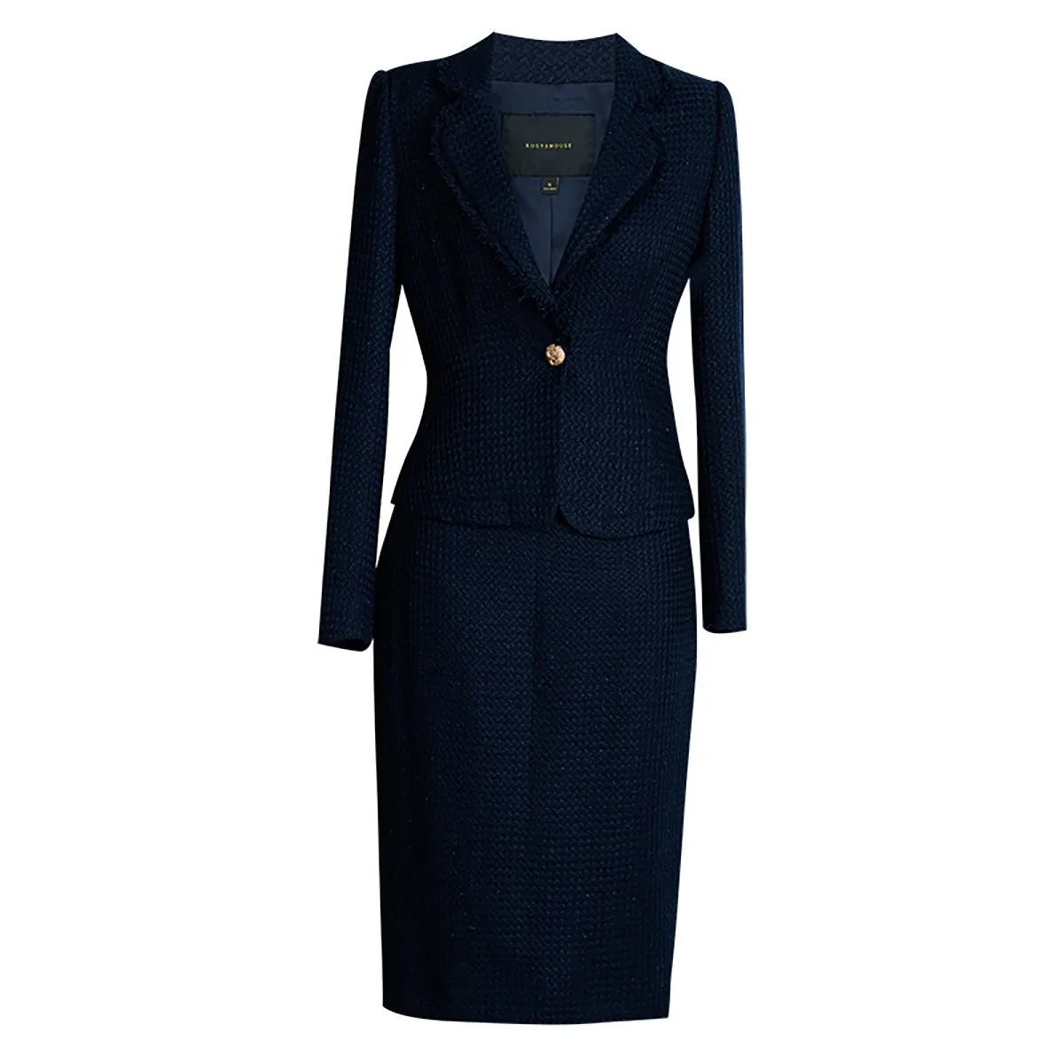 Navy Single-Breasted Blazer and Midi Skirt Set