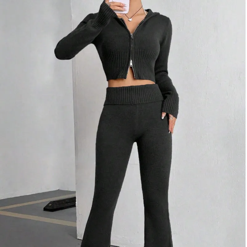 New Zipper Hooded Top Low Waist Bell-bottom Pants Two-piece Set