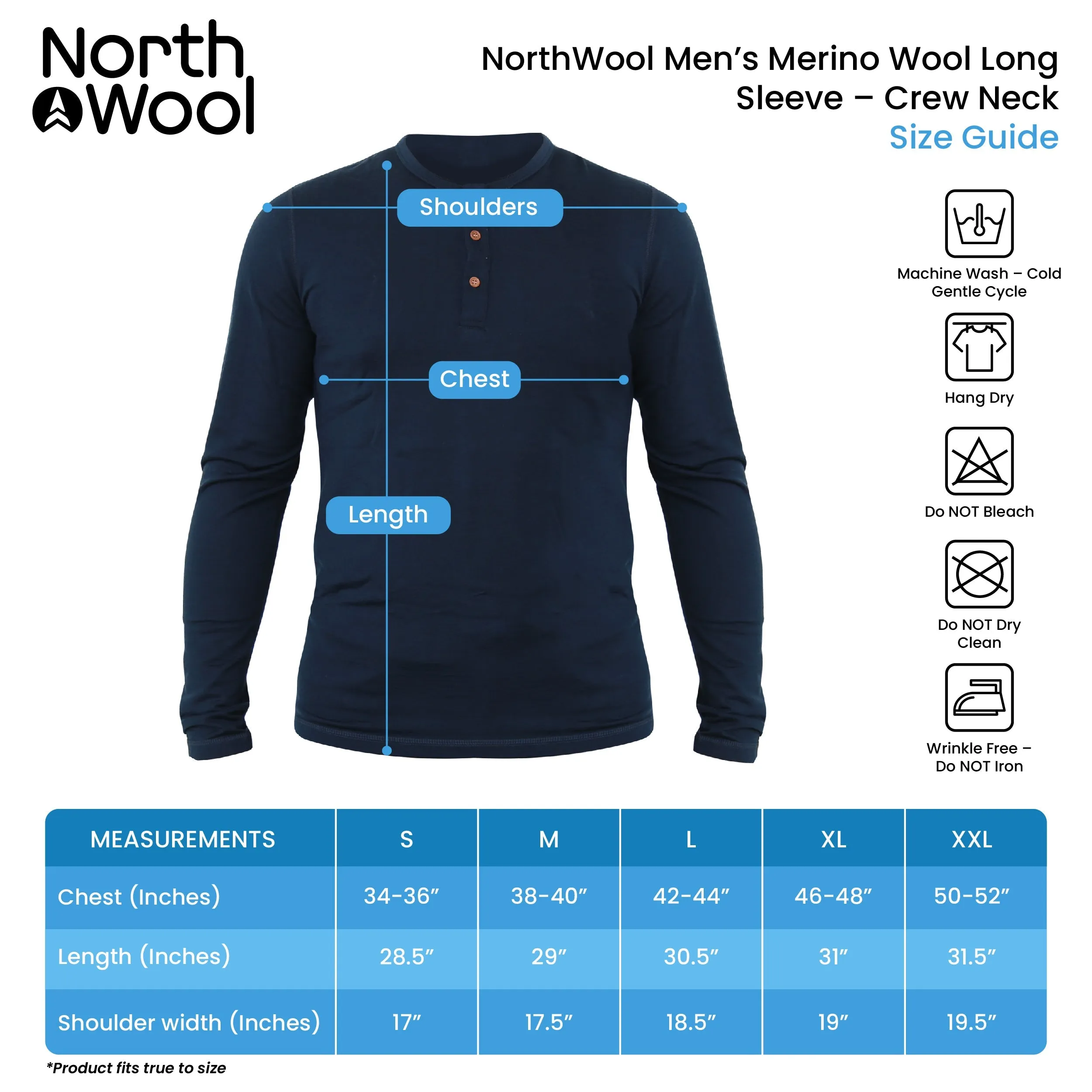 NorthWool Men's 100% Merino Wool Long Sleeve Henley Base Layer Shirt 260 GSM