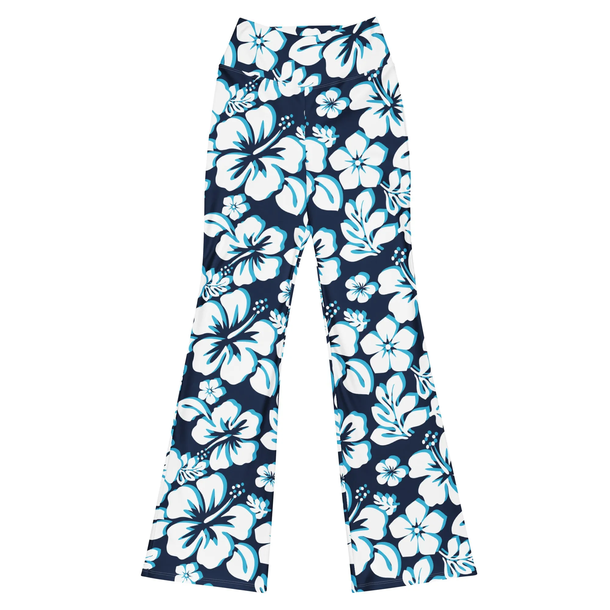 Ocean Blues Hawaiian Flowers Flare Leggings