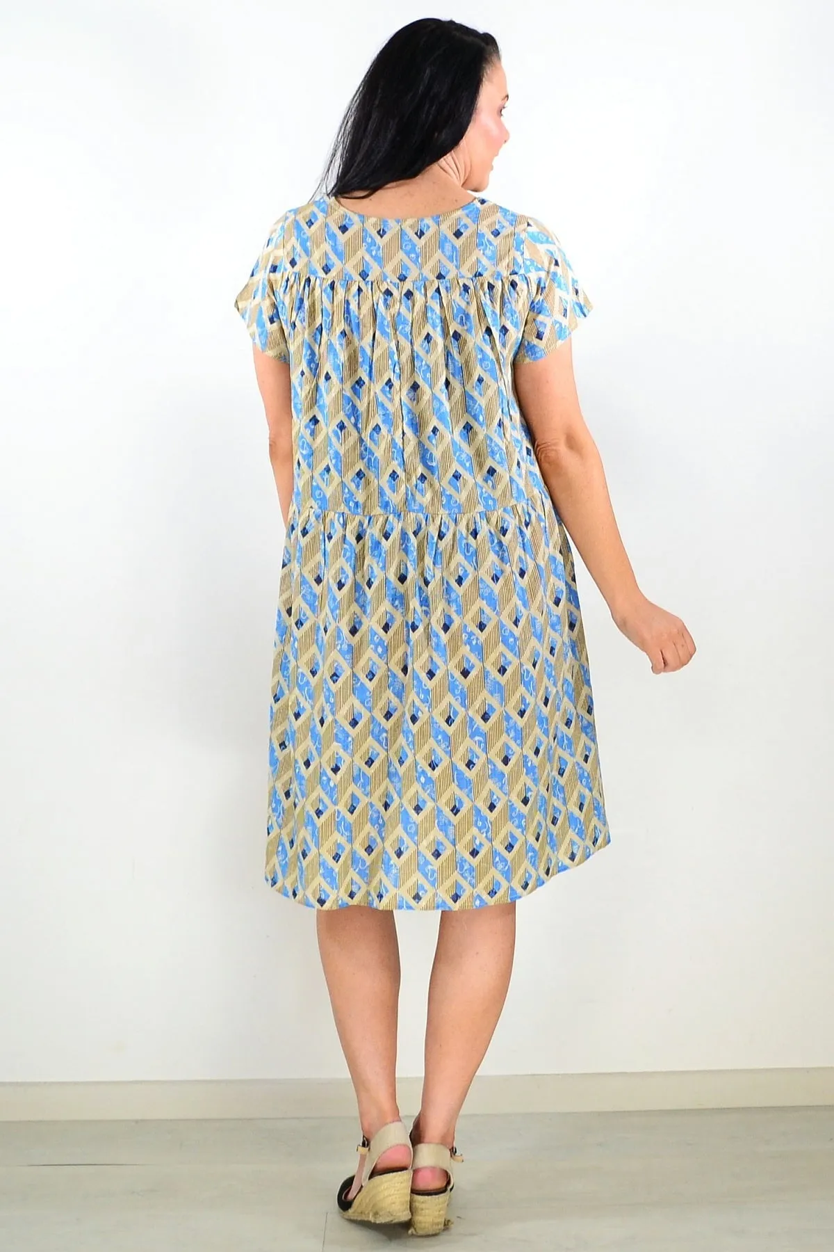 Olive Blue Pintuck Pleats Tunic Dress