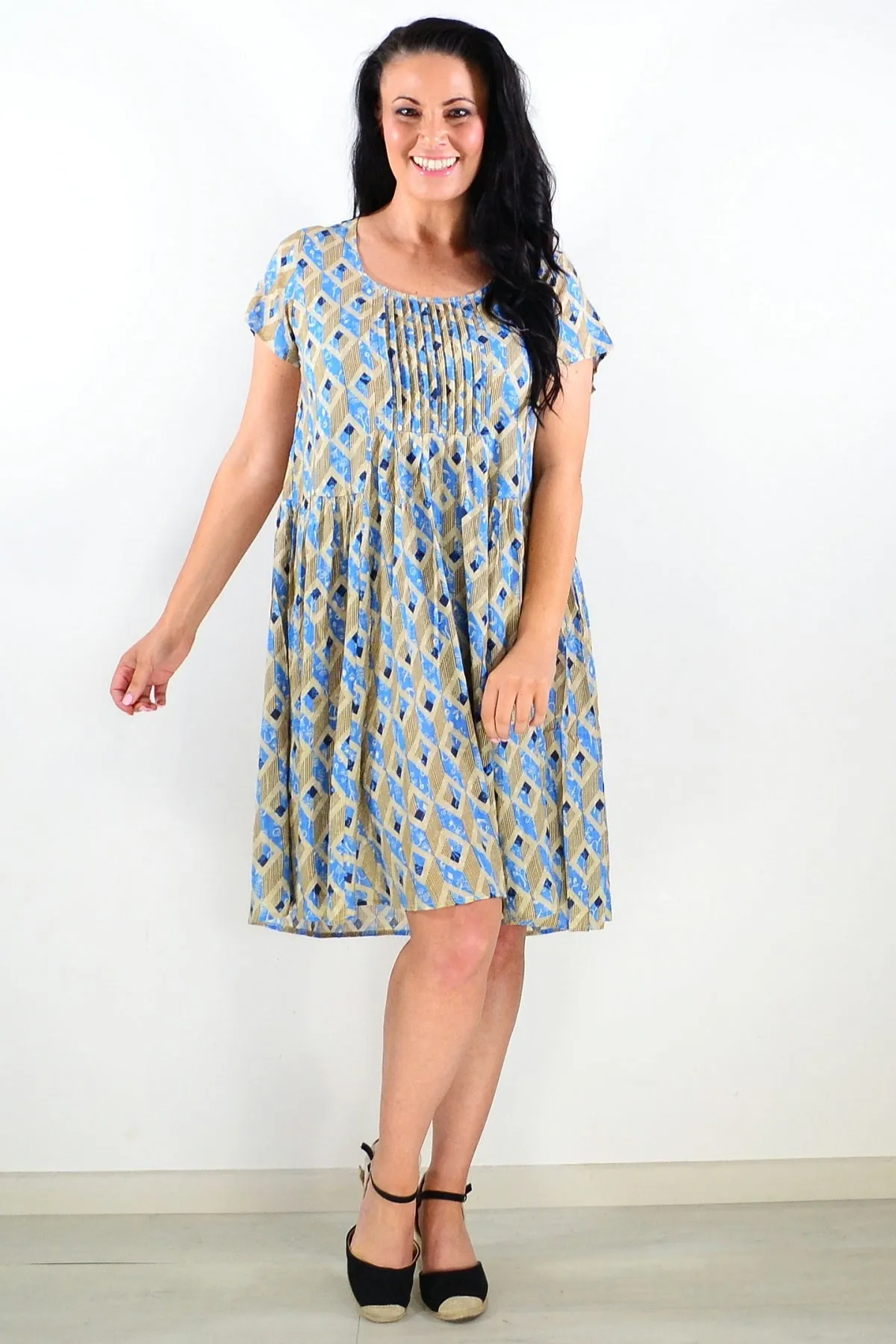 Olive Blue Pintuck Pleats Tunic Dress