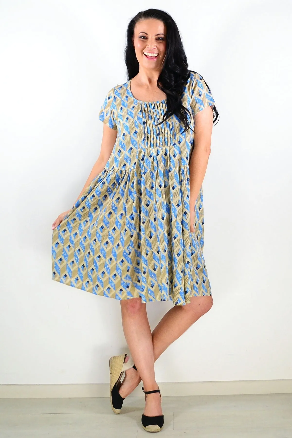 Olive Blue Pintuck Pleats Tunic Dress