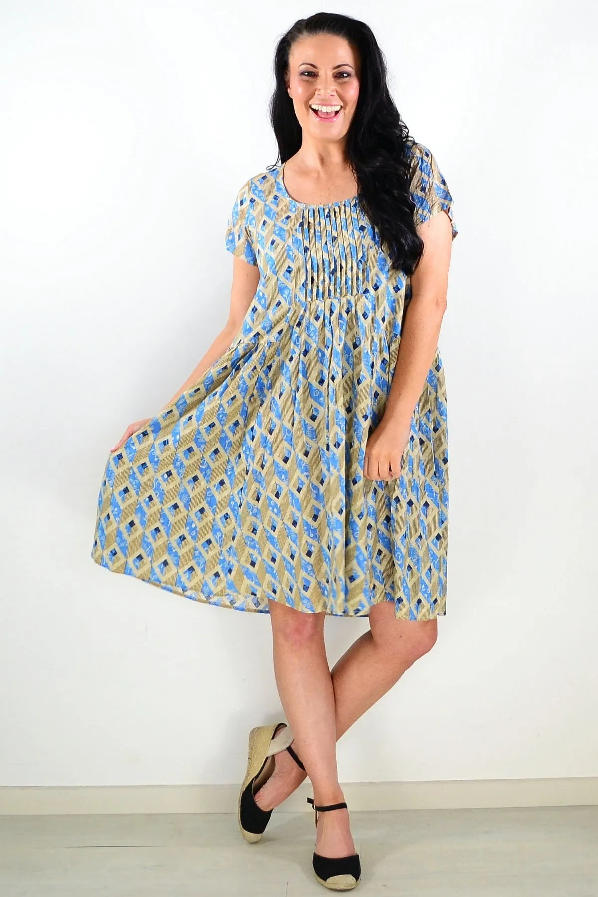 Olive Blue Pintuck Pleats Tunic Dress