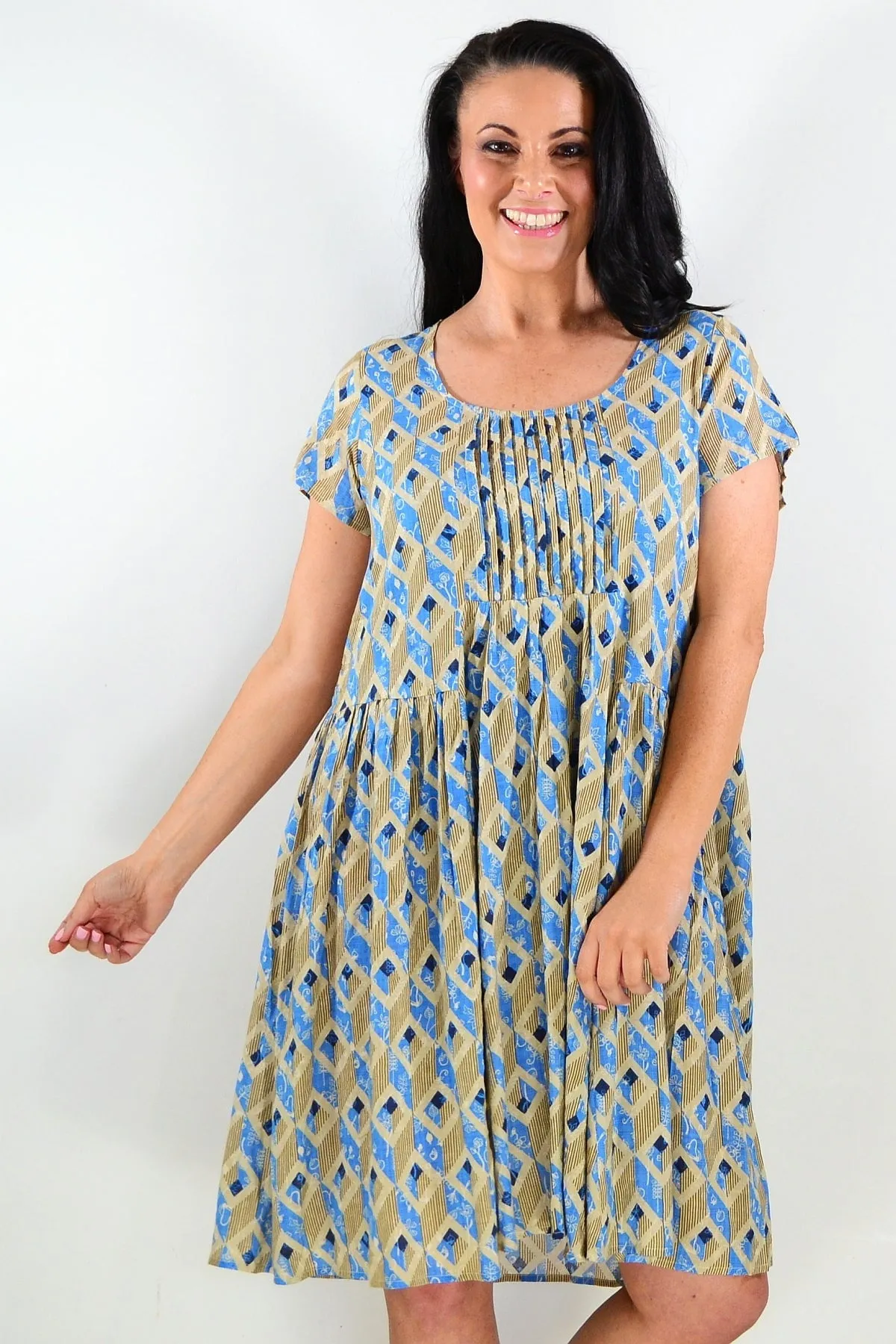 Olive Blue Pintuck Pleats Tunic Dress