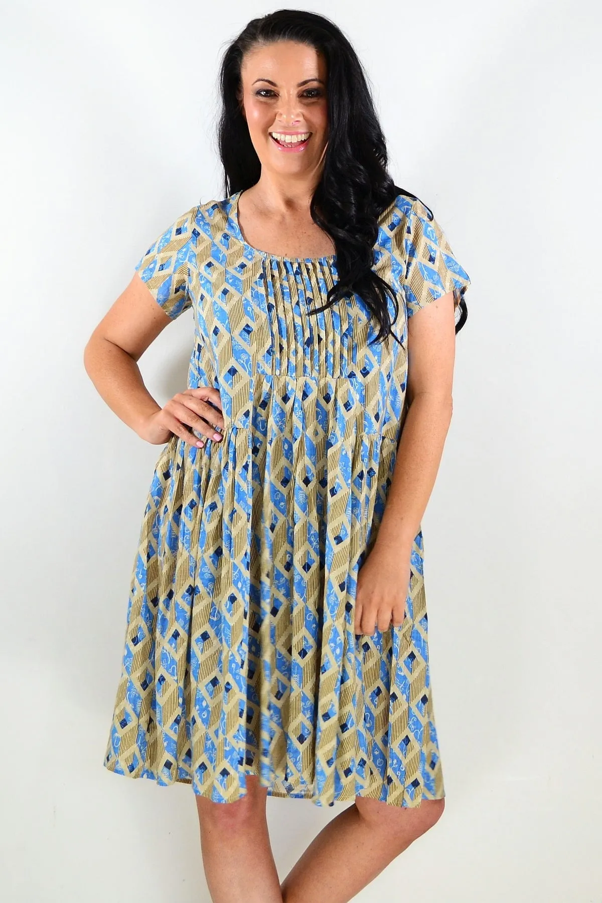 Olive Blue Pintuck Pleats Tunic Dress