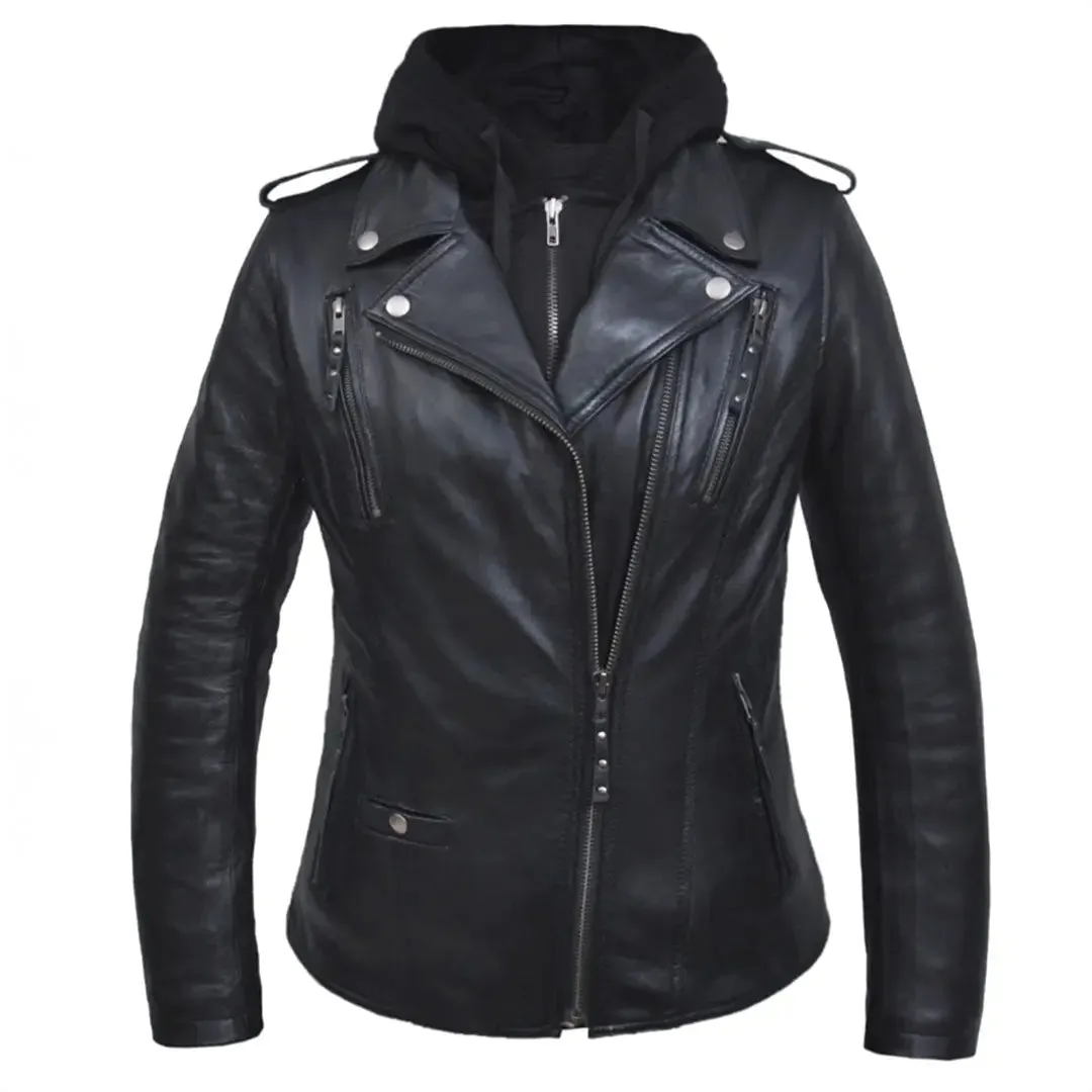 Open Road Women's Hooded Classic Leather Motorcycle Jacket