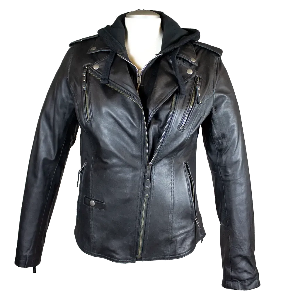 Open Road Women's Hooded Classic Leather Motorcycle Jacket