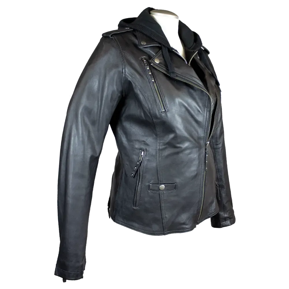 Open Road Women's Hooded Classic Leather Motorcycle Jacket