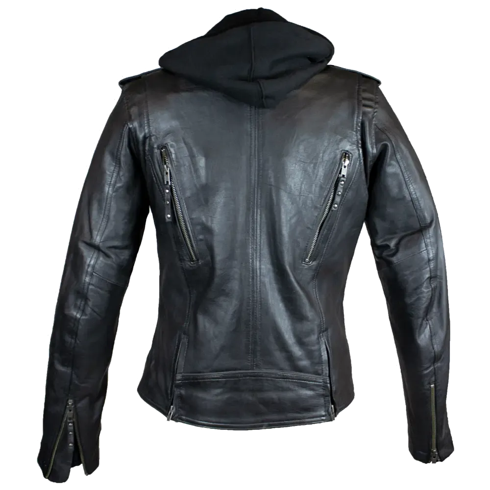 Open Road Women's Hooded Classic Leather Motorcycle Jacket