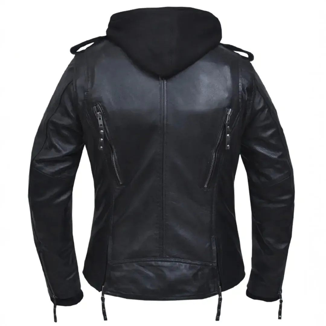 Open Road Women's Hooded Classic Leather Motorcycle Jacket