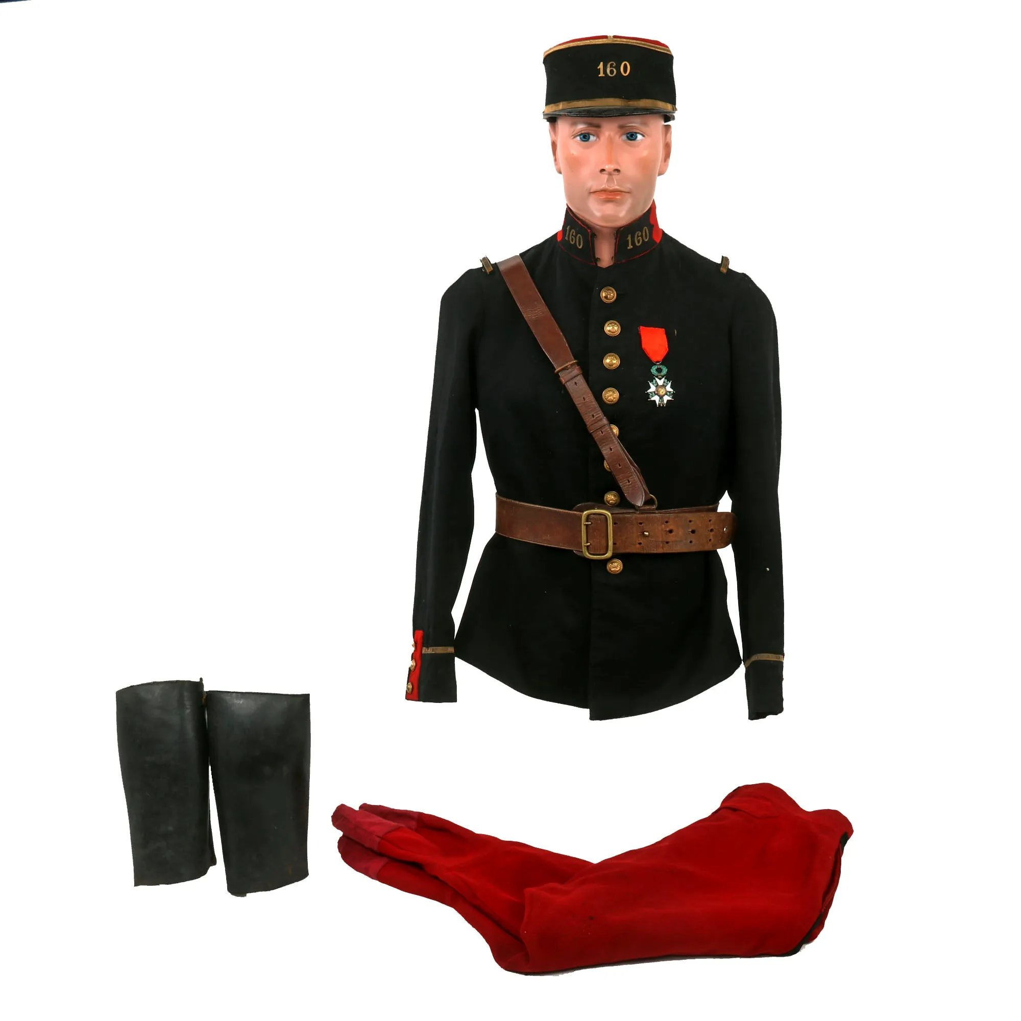 Original French WWI 160th Infantry Regiment Officers Pre-1914 Tunic With Pantalon Rouge (Red Trousers), Kepi, Sam Browne Belt and Leather Gaiters