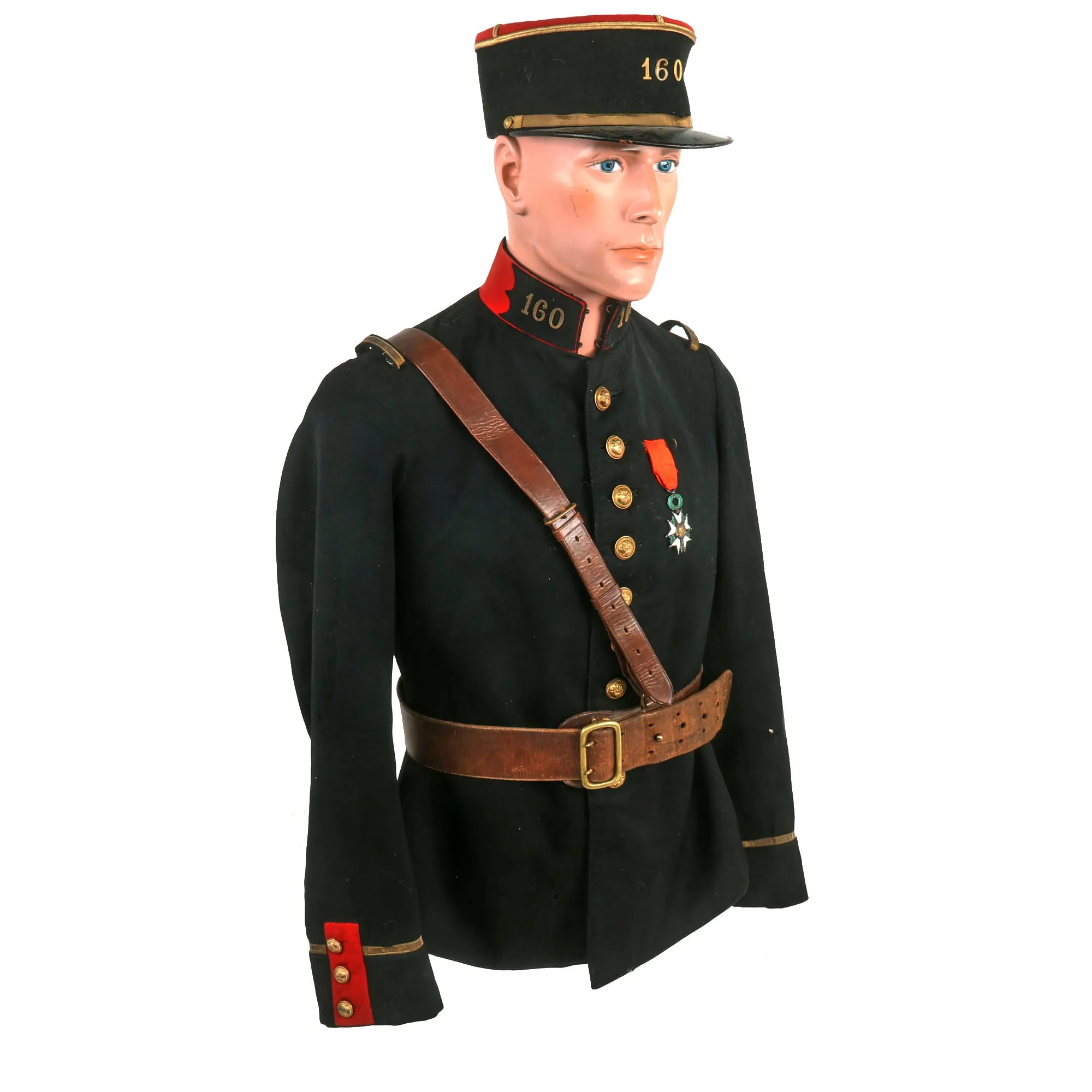 Original French WWI 160th Infantry Regiment Officers Pre-1914 Tunic With Pantalon Rouge (Red Trousers), Kepi, Sam Browne Belt and Leather Gaiters