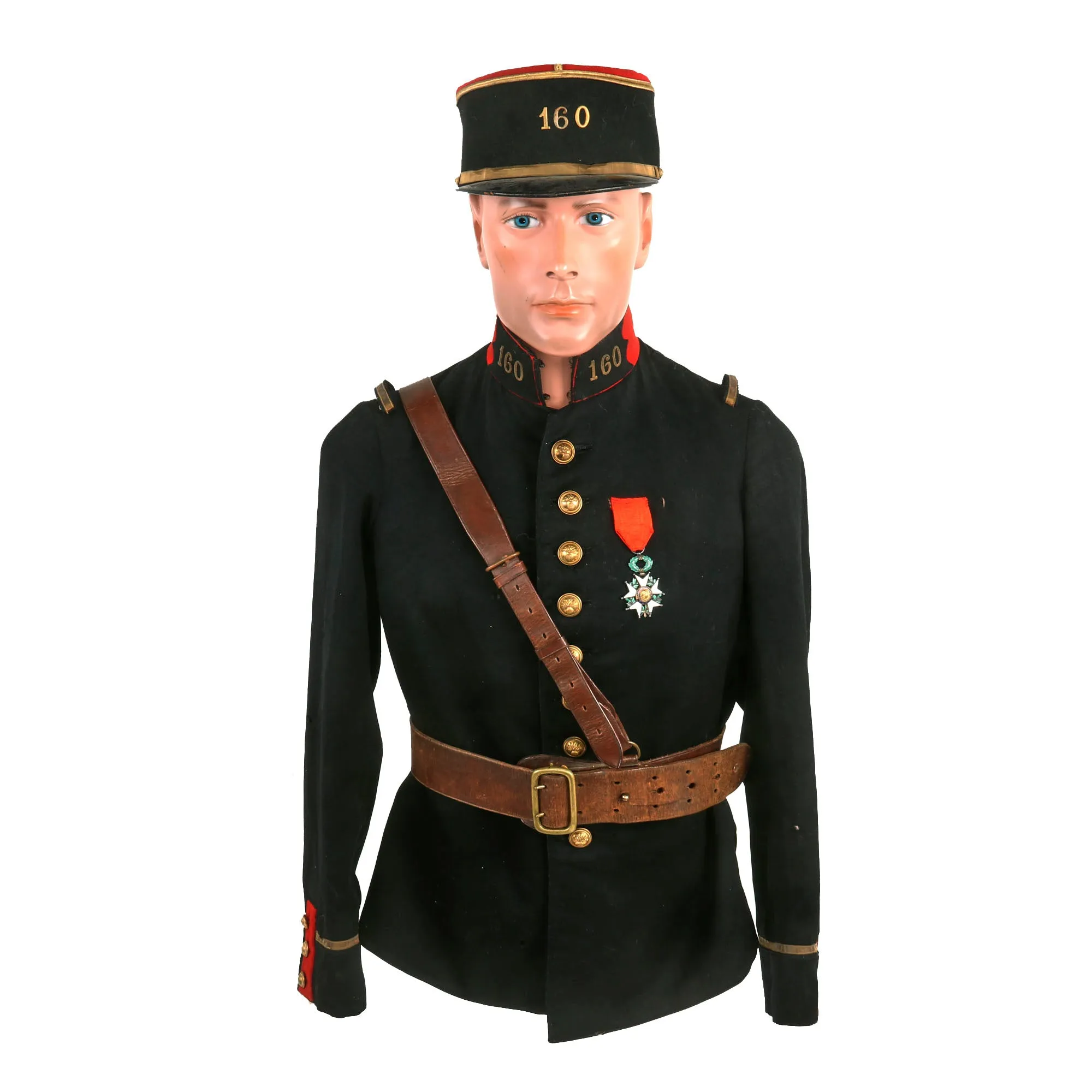 Original French WWI 160th Infantry Regiment Officers Pre-1914 Tunic With Pantalon Rouge (Red Trousers), Kepi, Sam Browne Belt and Leather Gaiters