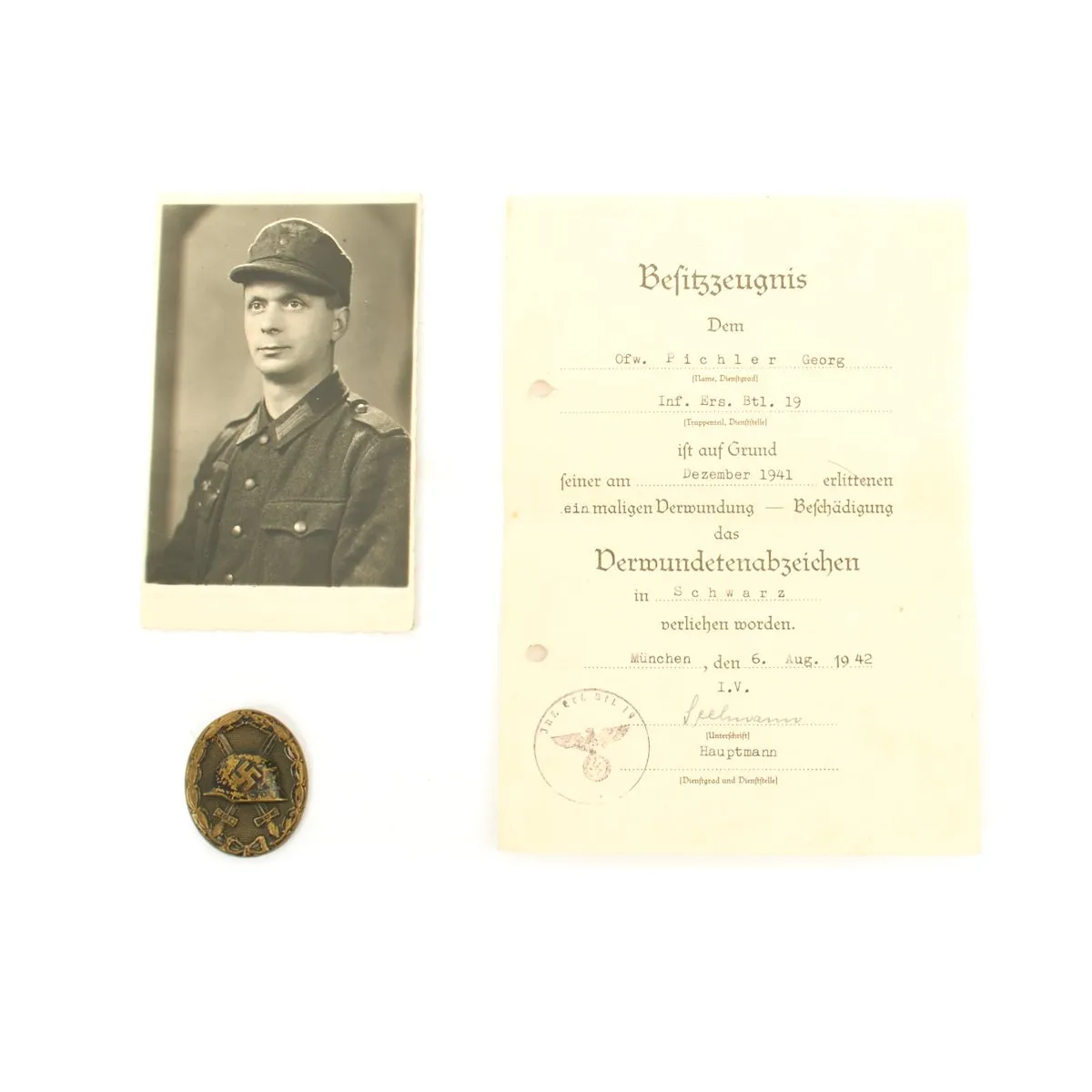 Original German WWII Black Wound Badge with Named Award Document and Photo - Dated 1942