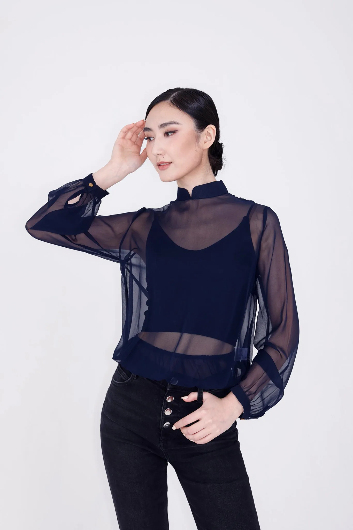 PIA Silk Sheer Chiffon Blouse (Navy)