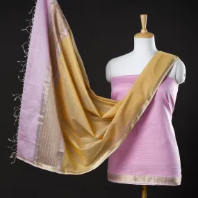 Pink - 2pc Maheshwari Silk Cotton Handloom Stripe Suit Material Set with Zari Border